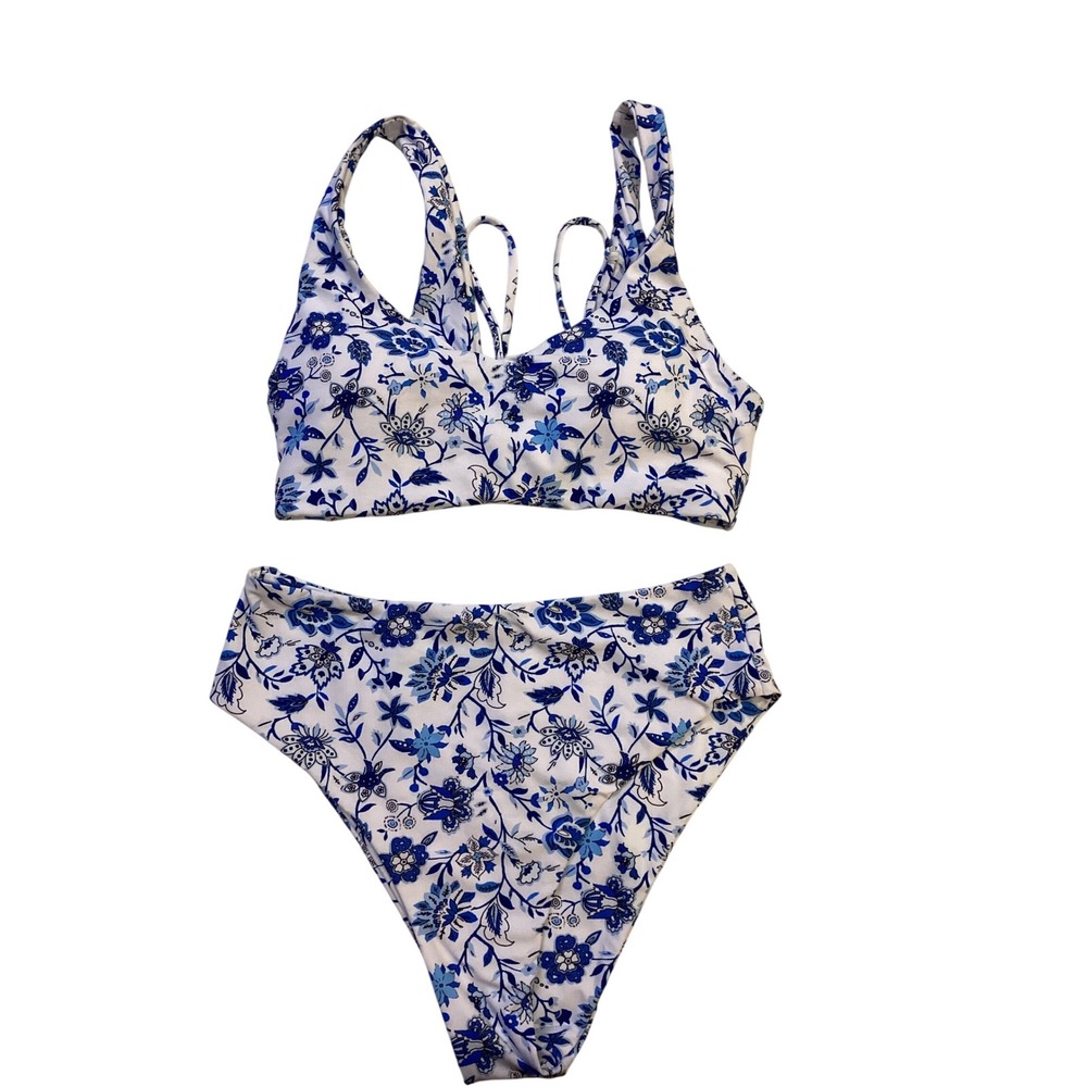 Owica‎ Blue White Floral High Waisted Bikini Set Lace Up Back Swimsuit Small
